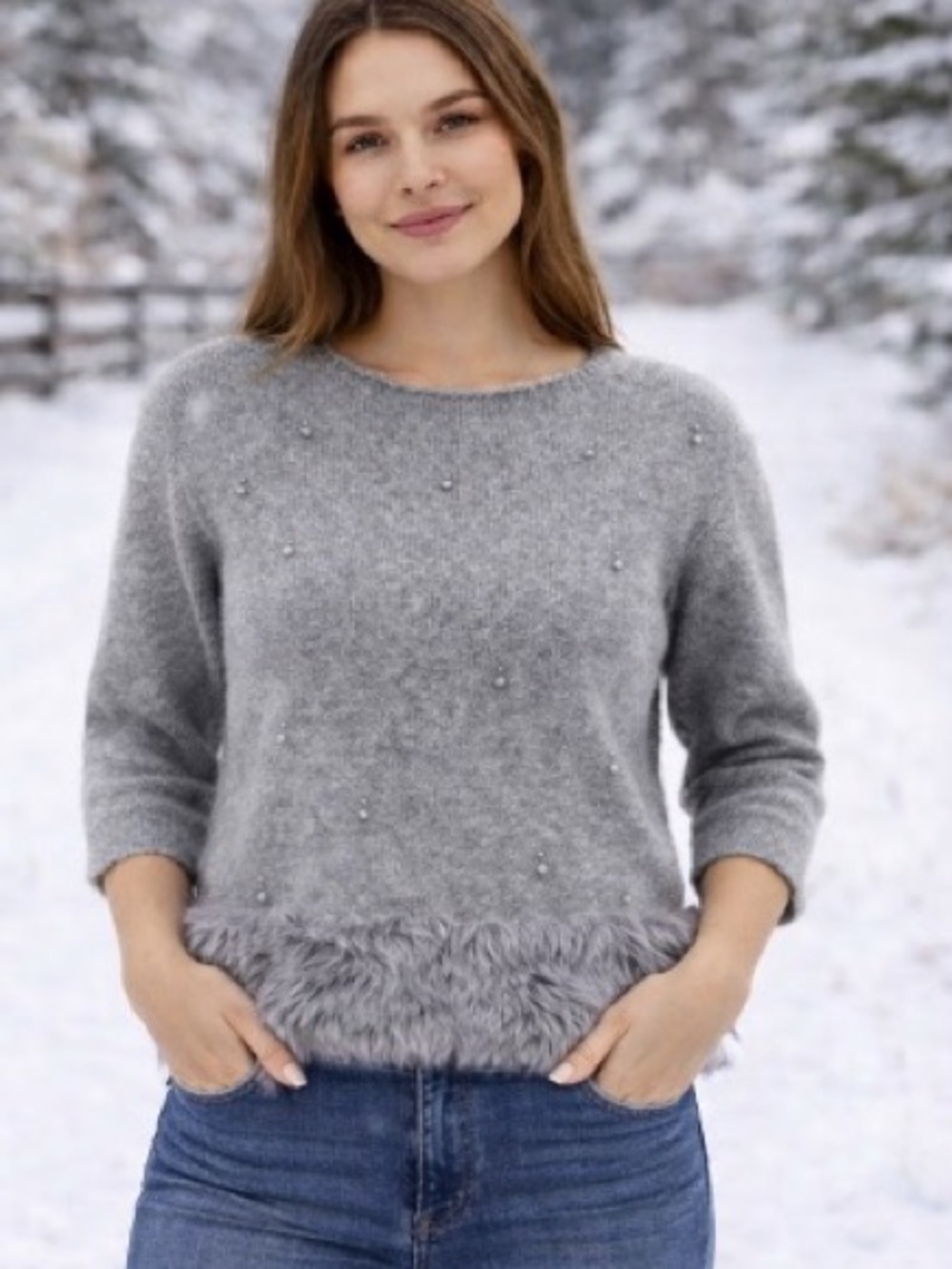 🔥 NWT DOSE gray knit sweater with grey, pearl and grey faux fur details size M-L